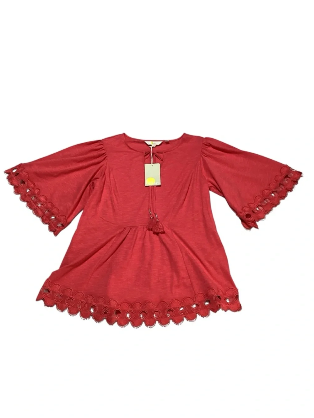 Boden Ayla Jersey Coral Tie-Neck Top with Scalloped Eyelet Trim - Picture 4 of 13